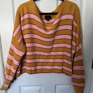 Lumiere V-Neck Sweater - Mustard and Pink Stripes